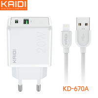 CARREGADOR LIGHTNING KAIDI KD-670A 1USB 1USB-C 3.0 20W C/ CABO